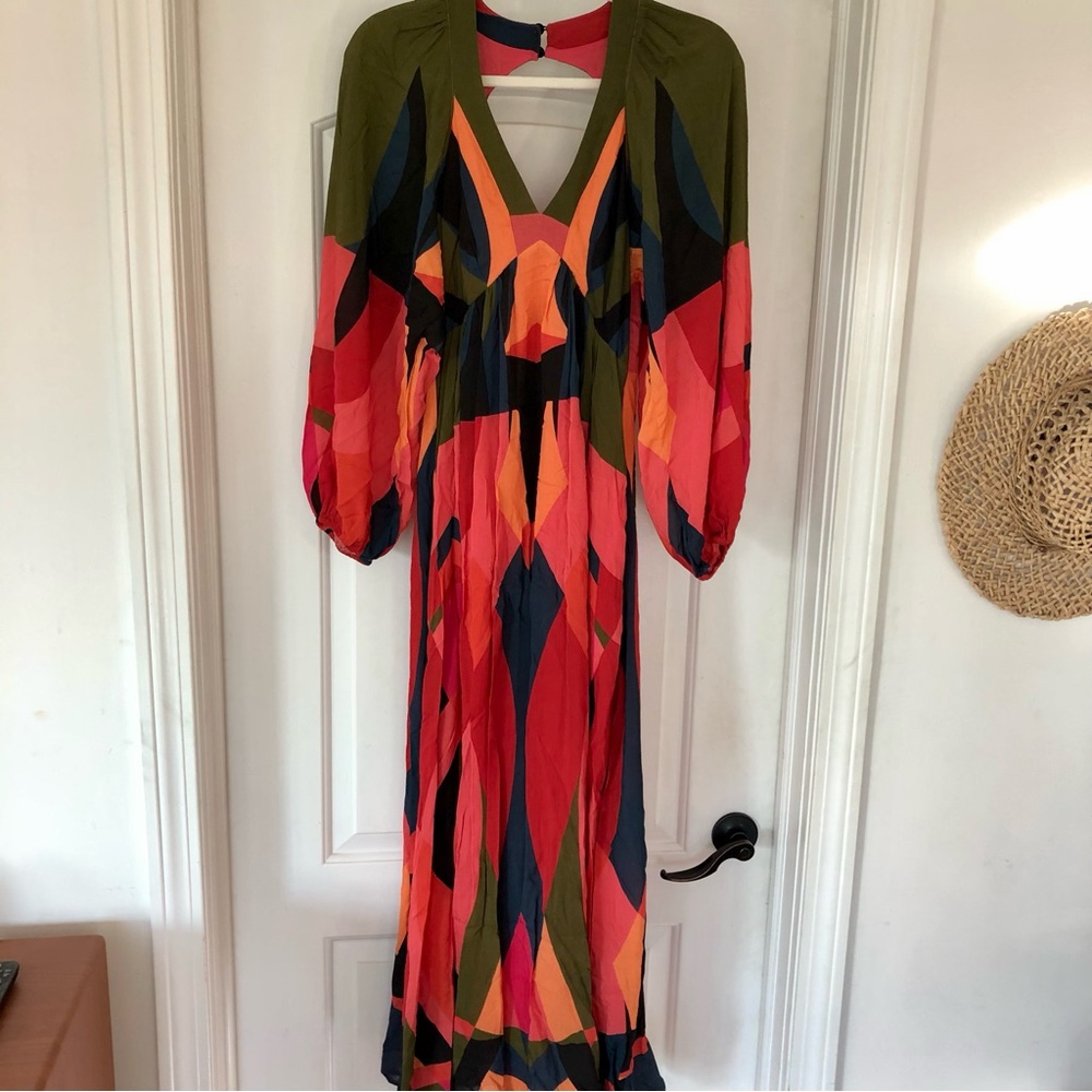 Farm Rio Balloon Sleeve Rainbow Maxi Dress